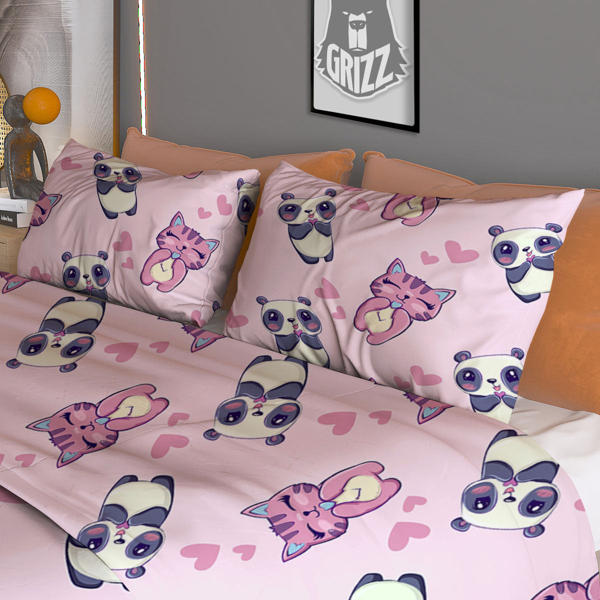 Cat And Panda Lover Print Pattern Duvet Cover Bedding Set