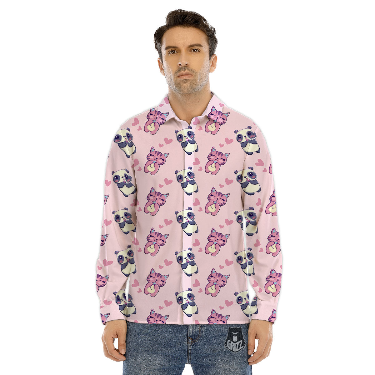 Cat And Panda Lover Print Pattern Men's Dress Shirts-grizzshop