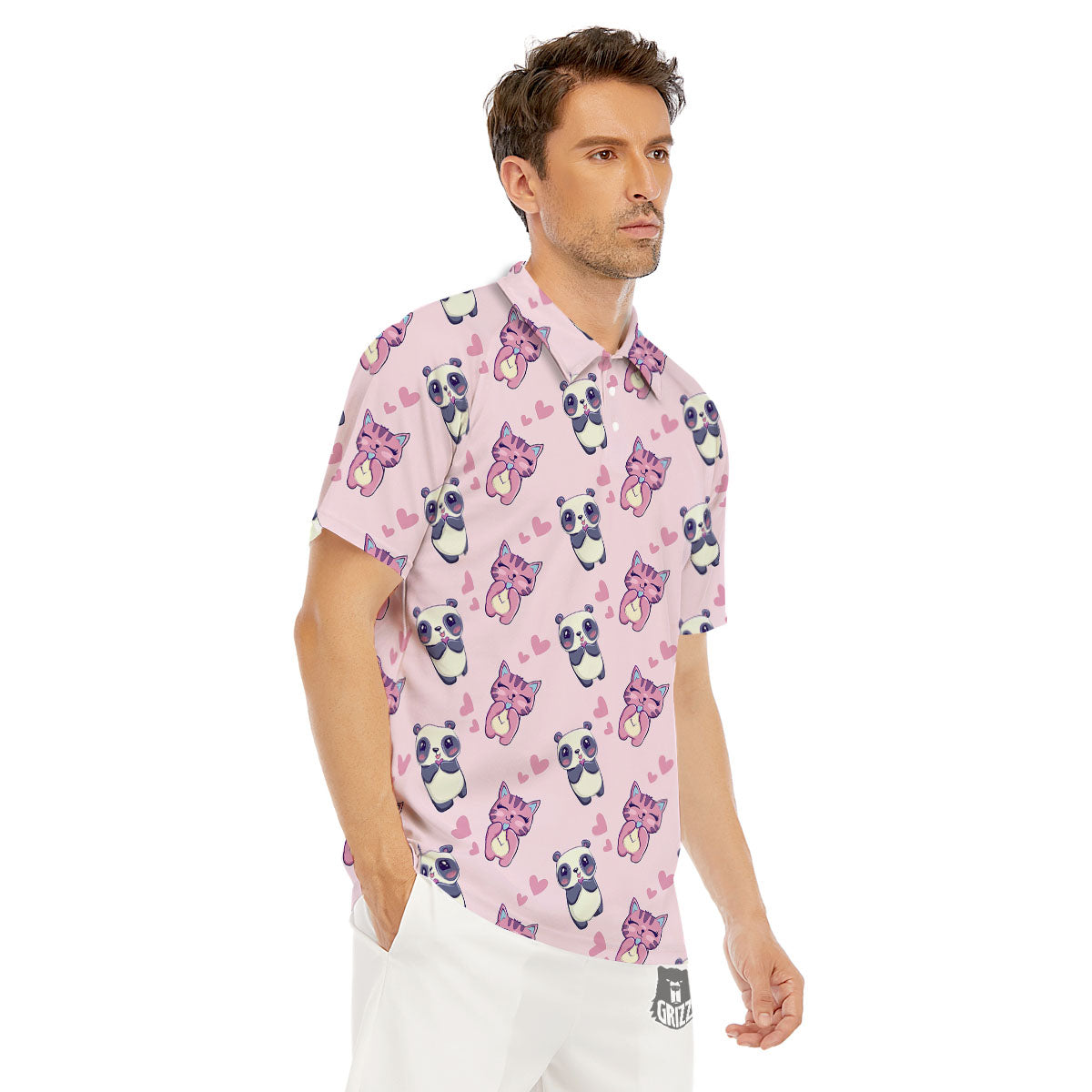 Cat And Panda Lover Print Pattern Men's Golf Shirts-grizzshop