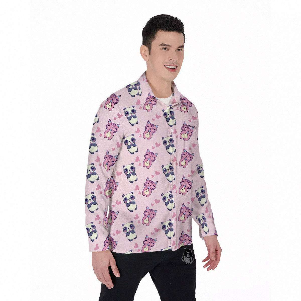 Cat And Panda Lover Print Pattern Men's Long Sleeve Shirts-grizzshop