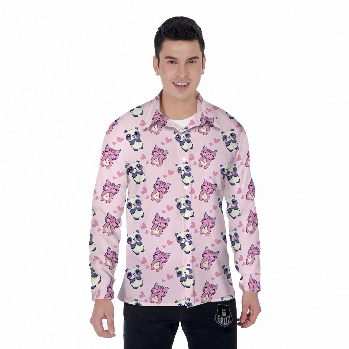 Cat And Panda Lover Print Pattern Men's Long Sleeve Shirts-grizzshop