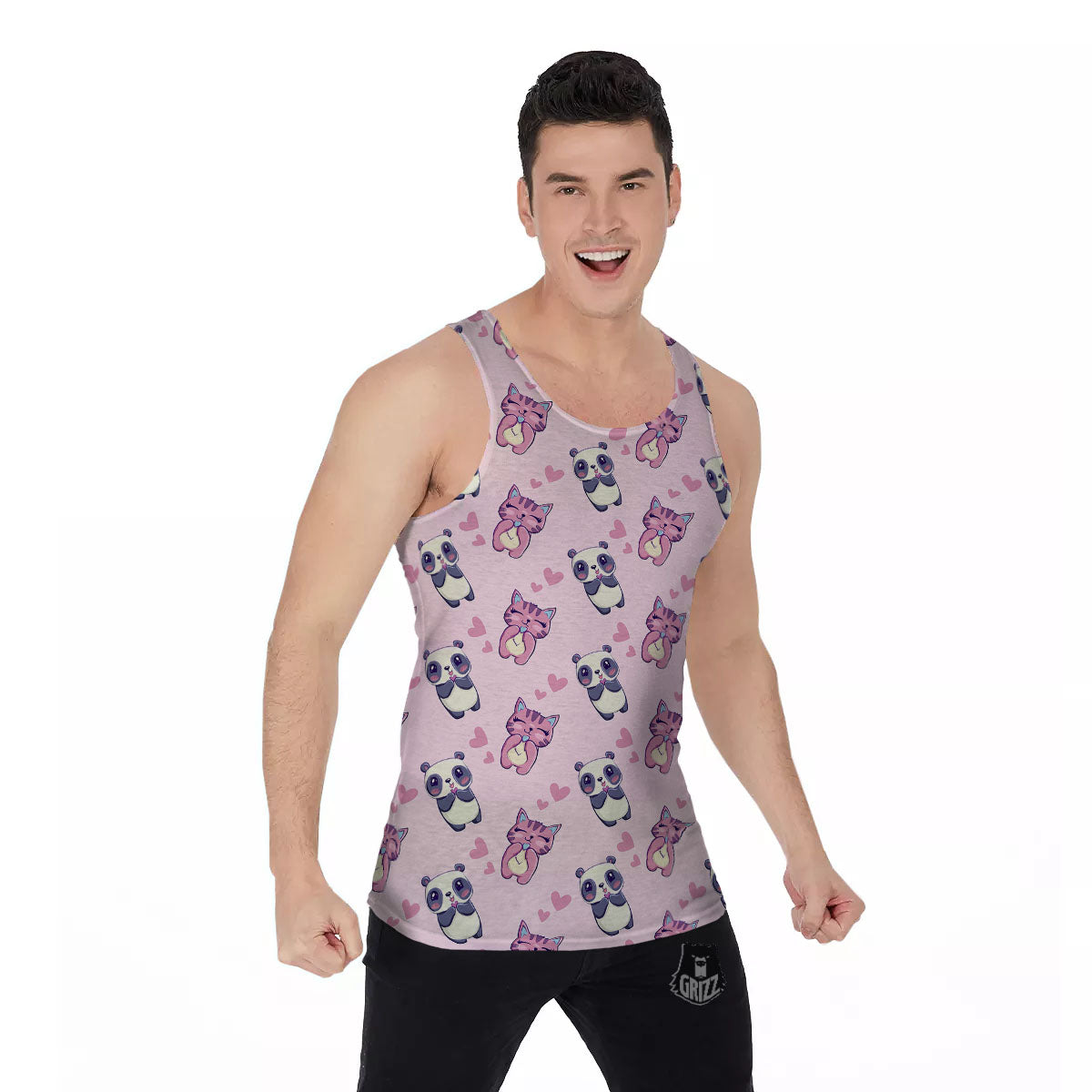 Cat And Panda Lover Print Pattern Men's Tank Top-grizzshop