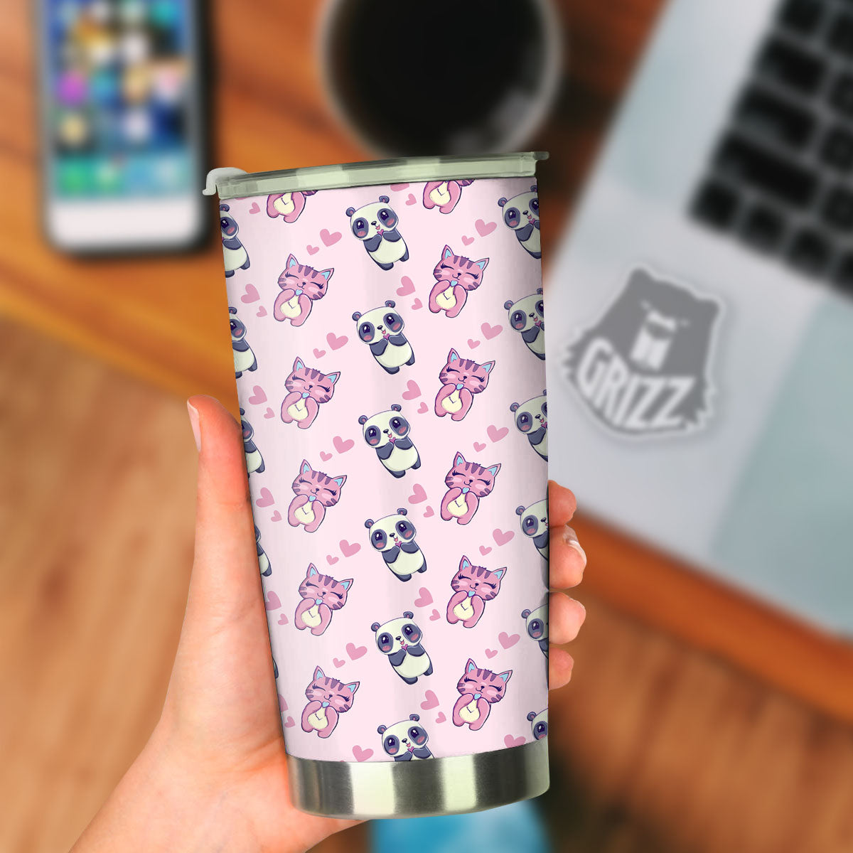 Cat And Panda Lover Print Pattern Tumbler-grizzshop