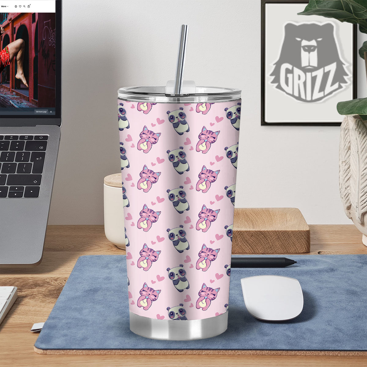 Cat And Panda Lover Print Pattern Tumbler-grizzshop