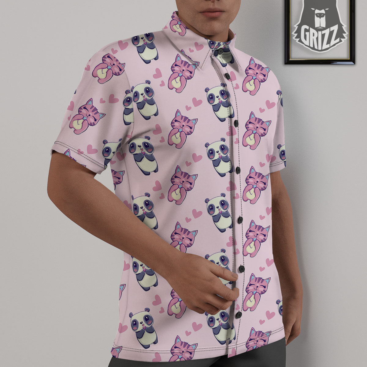 Cat And Panda Lover Print Pattern Untucked Shirts-grizzshop