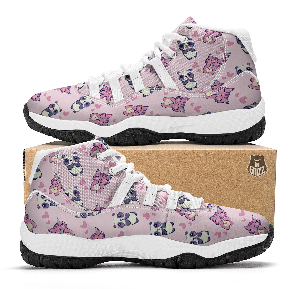 Cat And Panda Lover Print Pattern White Bball Shoes-grizzshop