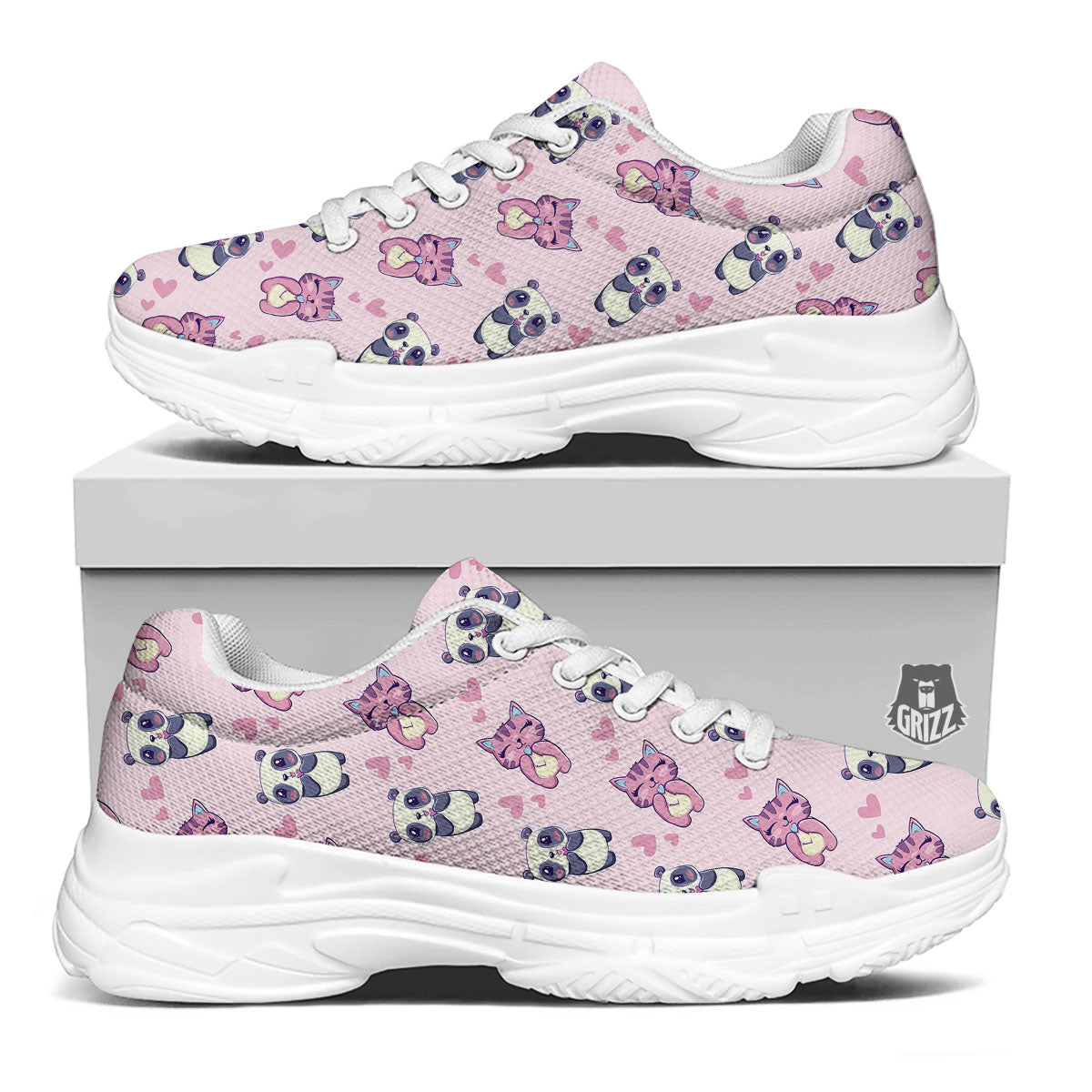 Cat And Panda Lover Print Pattern White Chunky Shoes-grizzshop