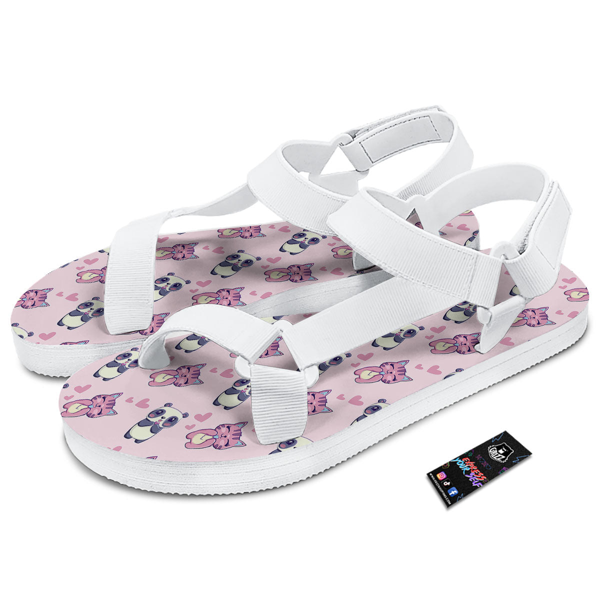 Cat And Panda Lover Print Pattern White Open Toe Sandals-grizzshop
