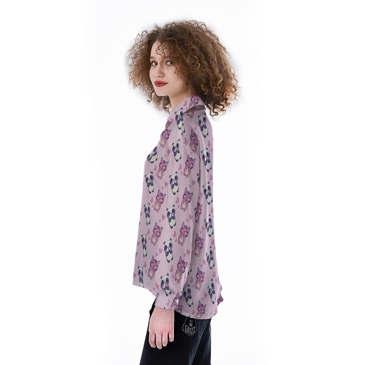 Cat And Panda Lover Print Pattern Women's Long Sleeve Shirts-grizzshop