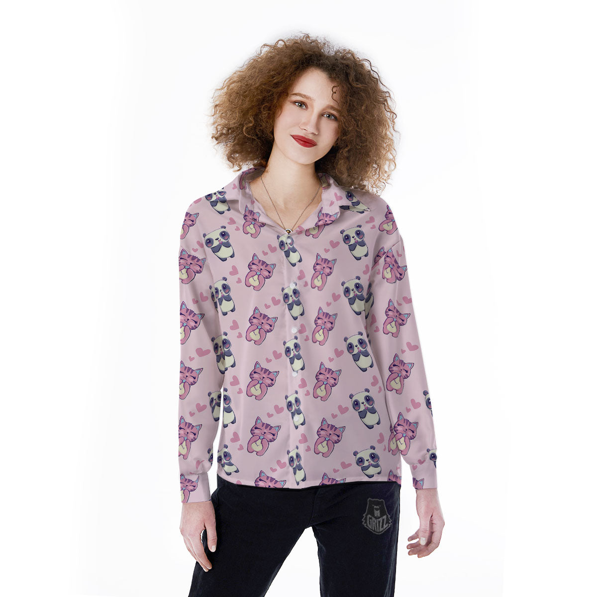 Cat And Panda Lover Print Pattern Women's Long Sleeve Shirts-grizzshop