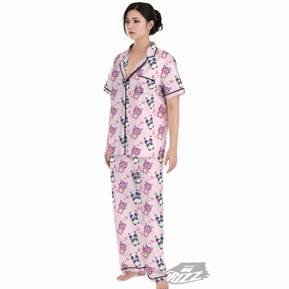 Cat And Panda Lover Print Pattern Women's Pajamas Set-grizzshop