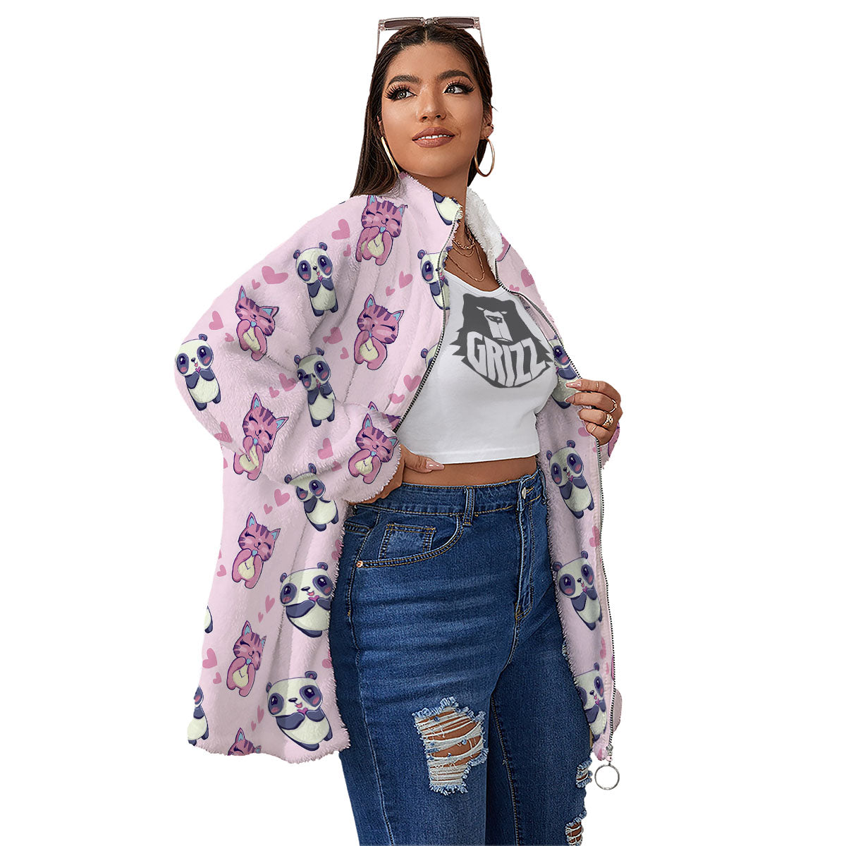 Cat And Panda Lover Print Pattern Women's Sherpa Jacket-grizzshop
