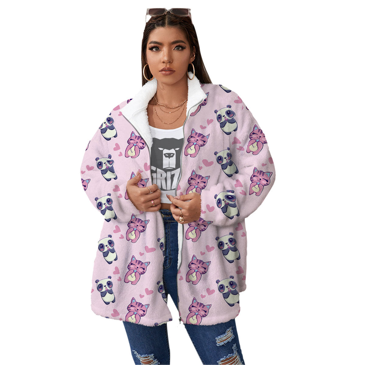Cat And Panda Lover Print Pattern Women's Sherpa Jacket-grizzshop
