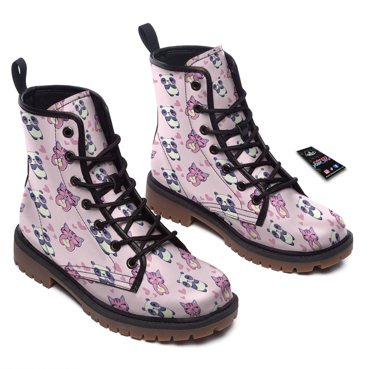 Cat And Panda Lover Print Pattern Work Boots-grizzshop