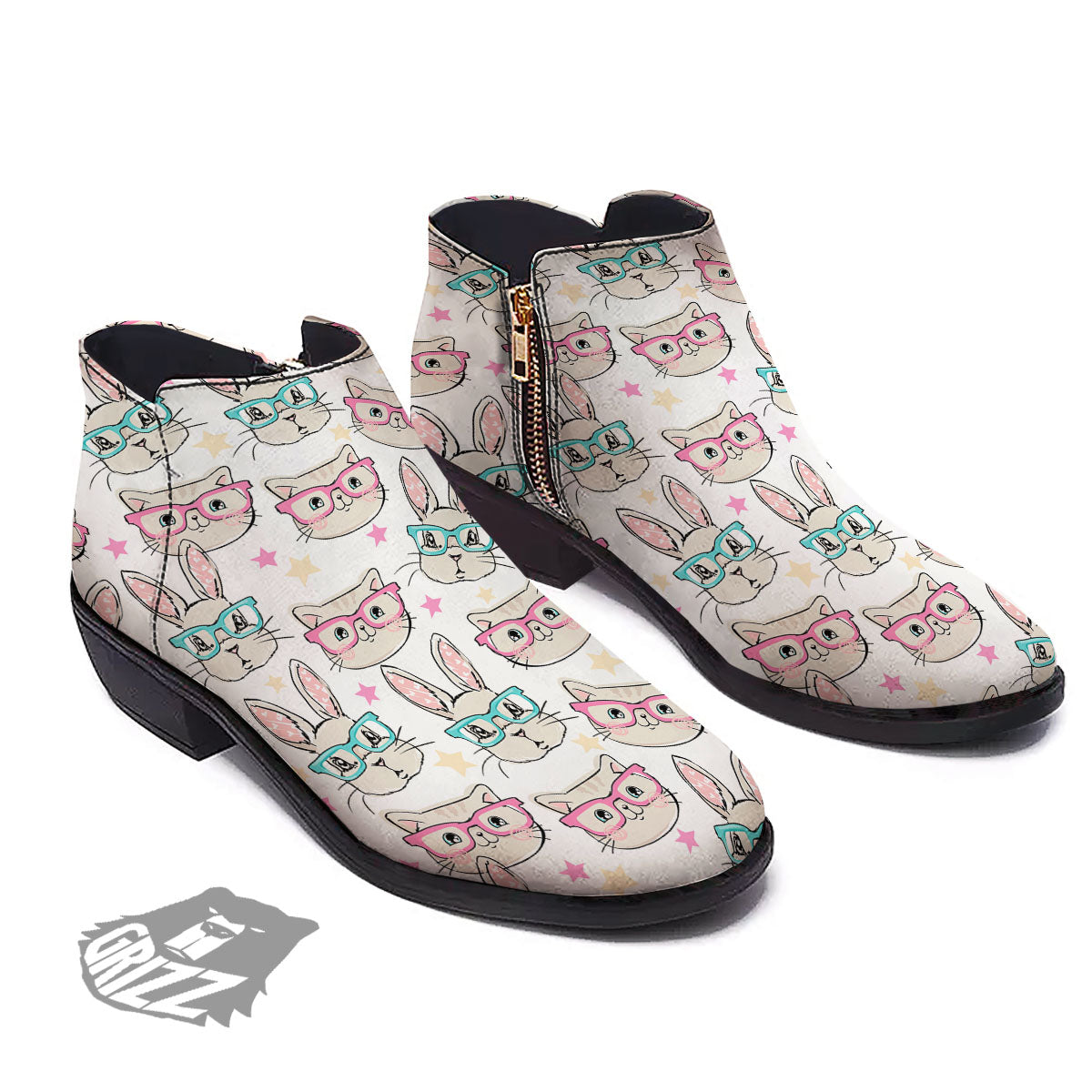Cat And Rabbit Print Pattern Ankle Boots-grizzshop