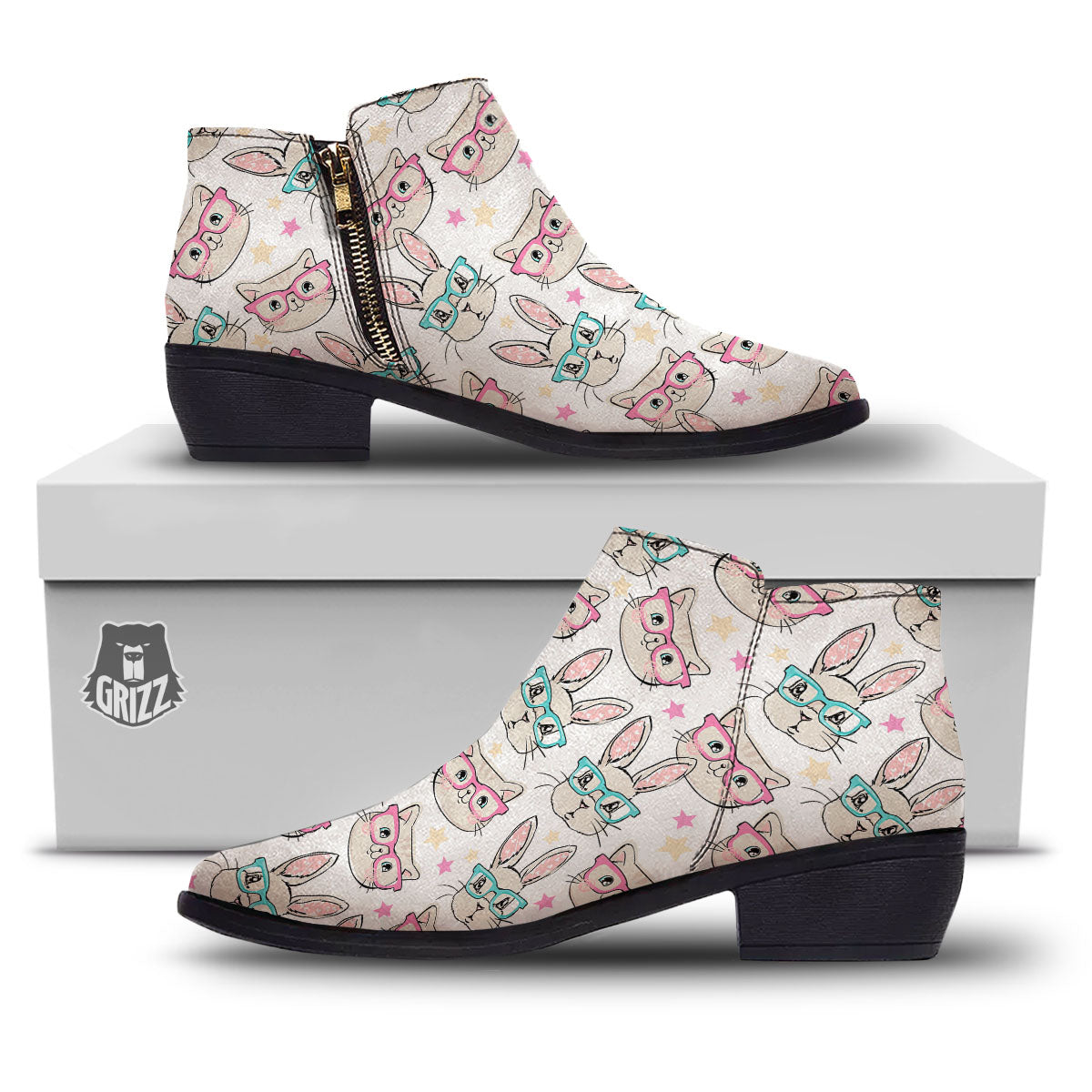 Cat And Rabbit Print Pattern Ankle Boots-grizzshop