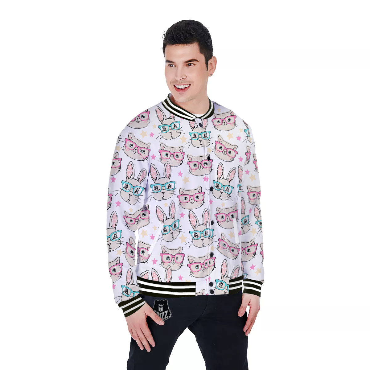 Cat And Rabbit Print Pattern Baseball Jacket-grizzshop
