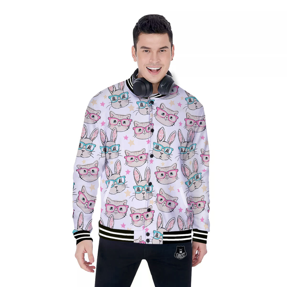 Cat And Rabbit Print Pattern Baseball Jacket-grizzshop