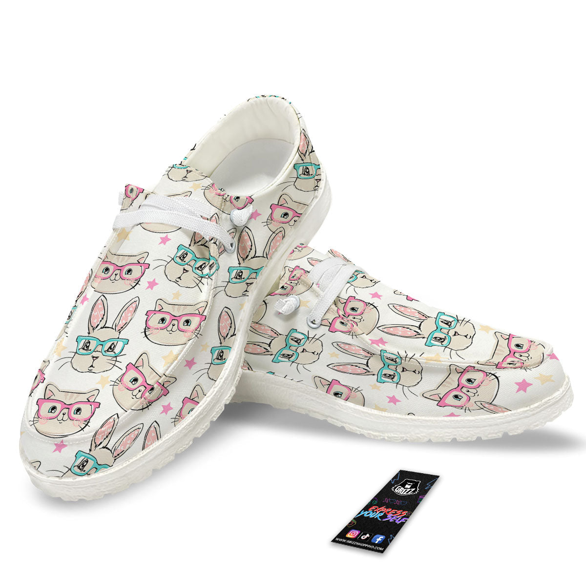 Cat And Rabbit Print Pattern Black Loafers-grizzshop