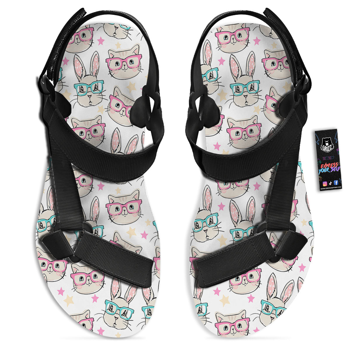 Cat And Rabbit Print Pattern Black Open Toe Sandals-grizzshop