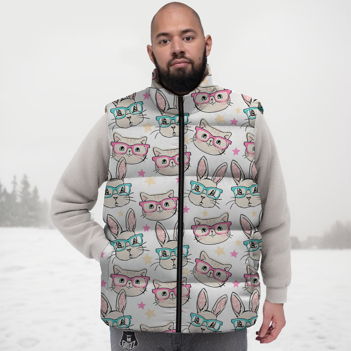 Cat And Rabbit Print Pattern Down Vest-grizzshop