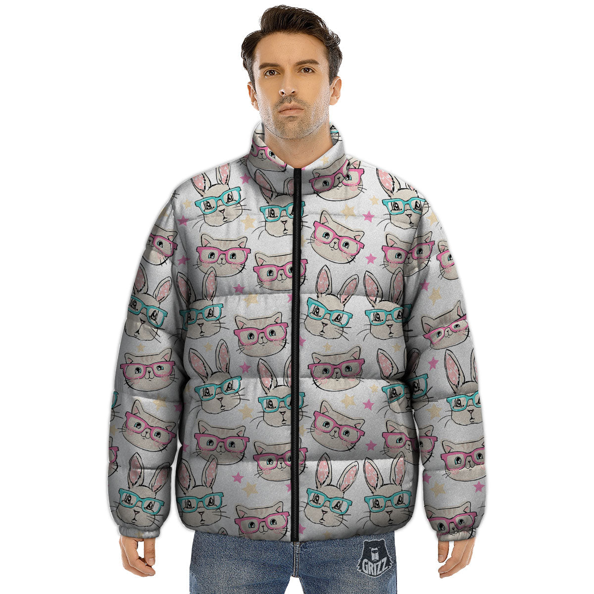Cat And Rabbit Print Pattern Puffer Jacket-grizzshop