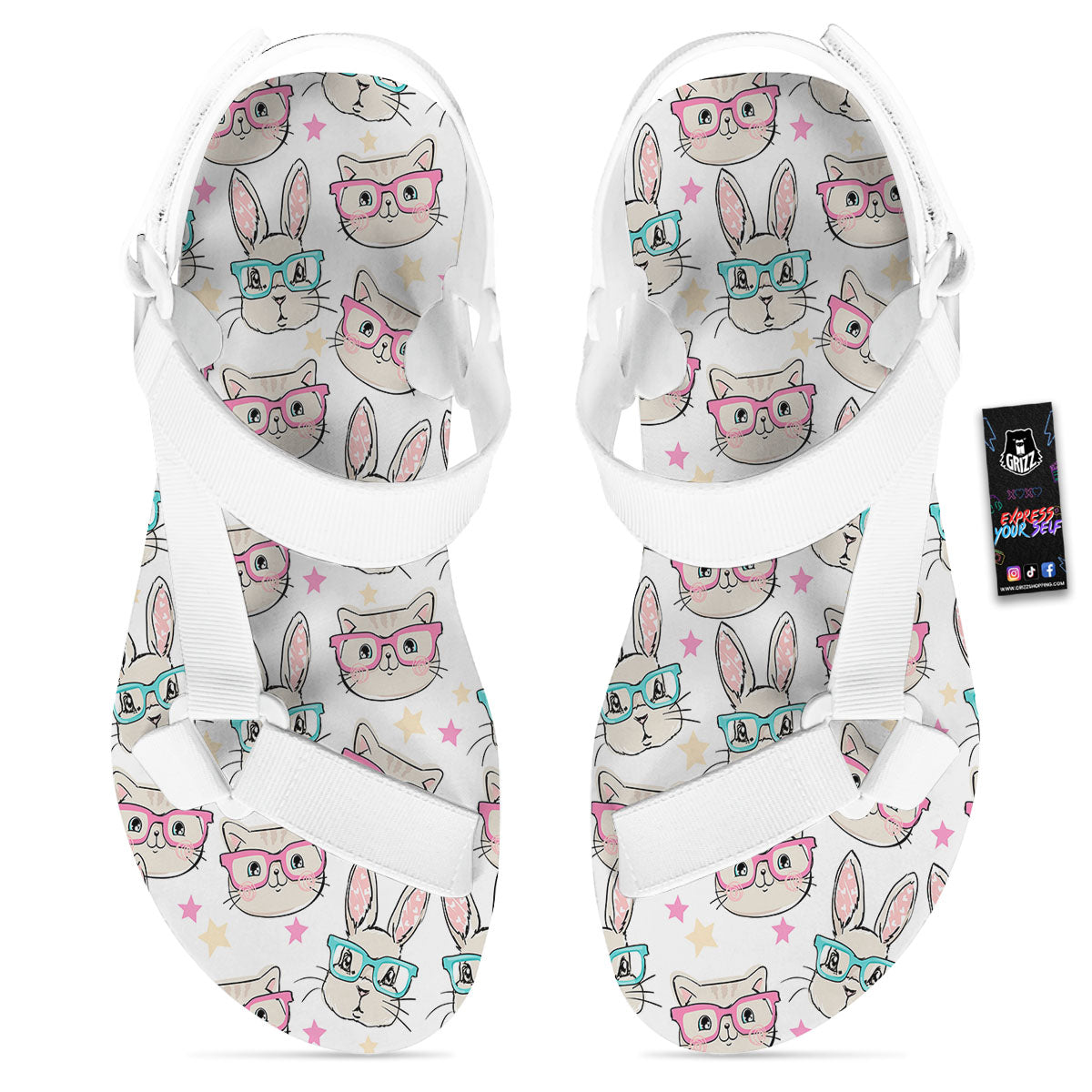 Cat And Rabbit Print Pattern White Open Toe Sandals-grizzshop
