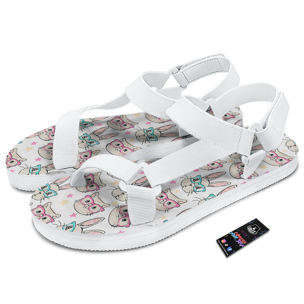 Cat And Rabbit Print Pattern White Open Toe Sandals-grizzshop