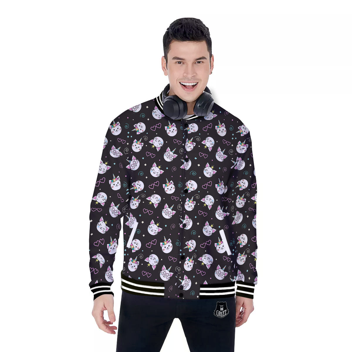 Cat Cute Black Print Pattern Baseball Jacket-grizzshop