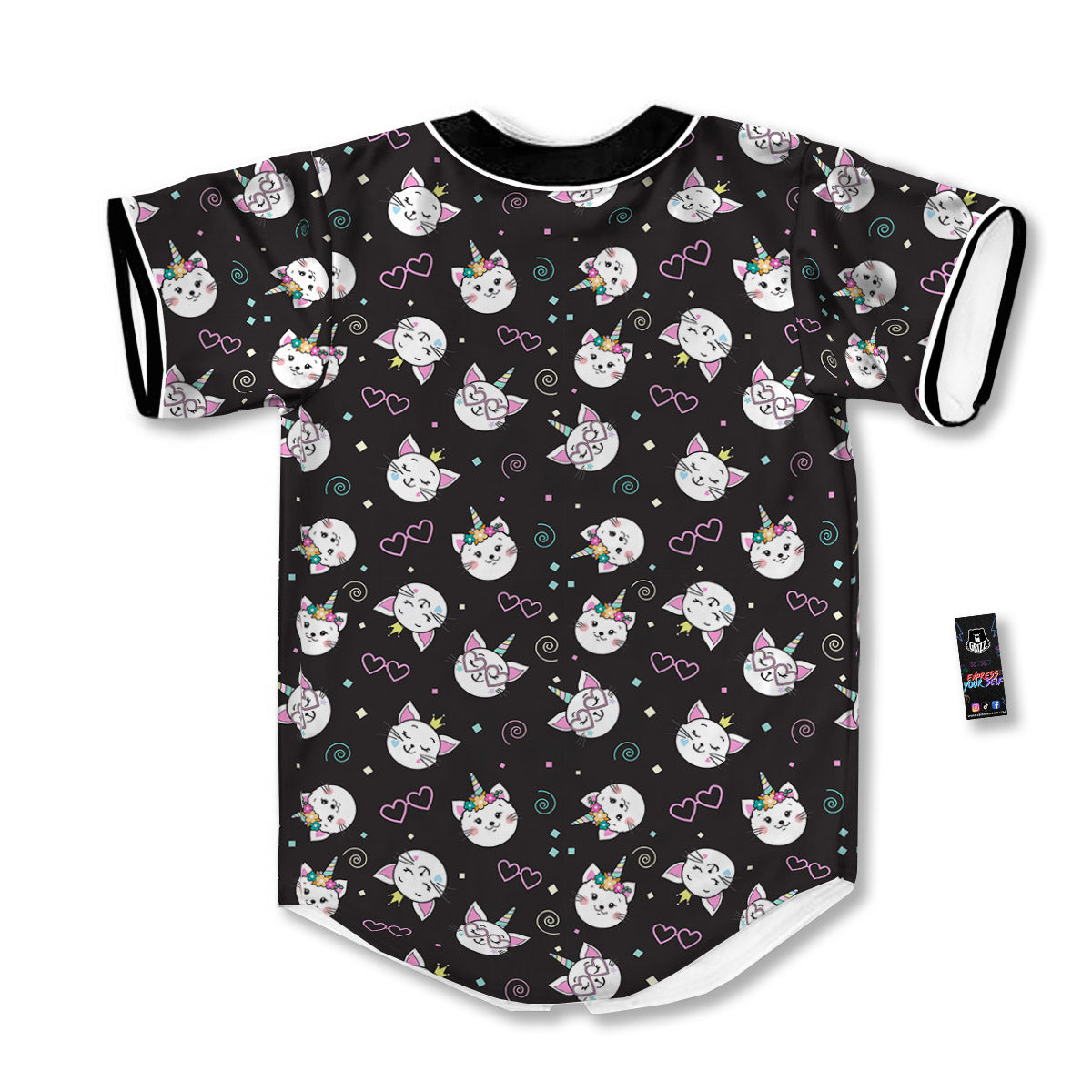 Cat Cute Black Print Pattern Baseball Jersey-grizzshop