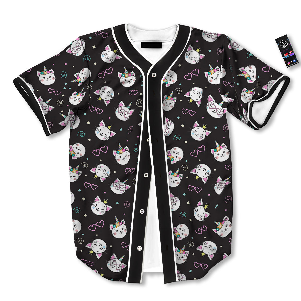 Cat Cute Black Print Pattern Baseball Jersey-grizzshop
