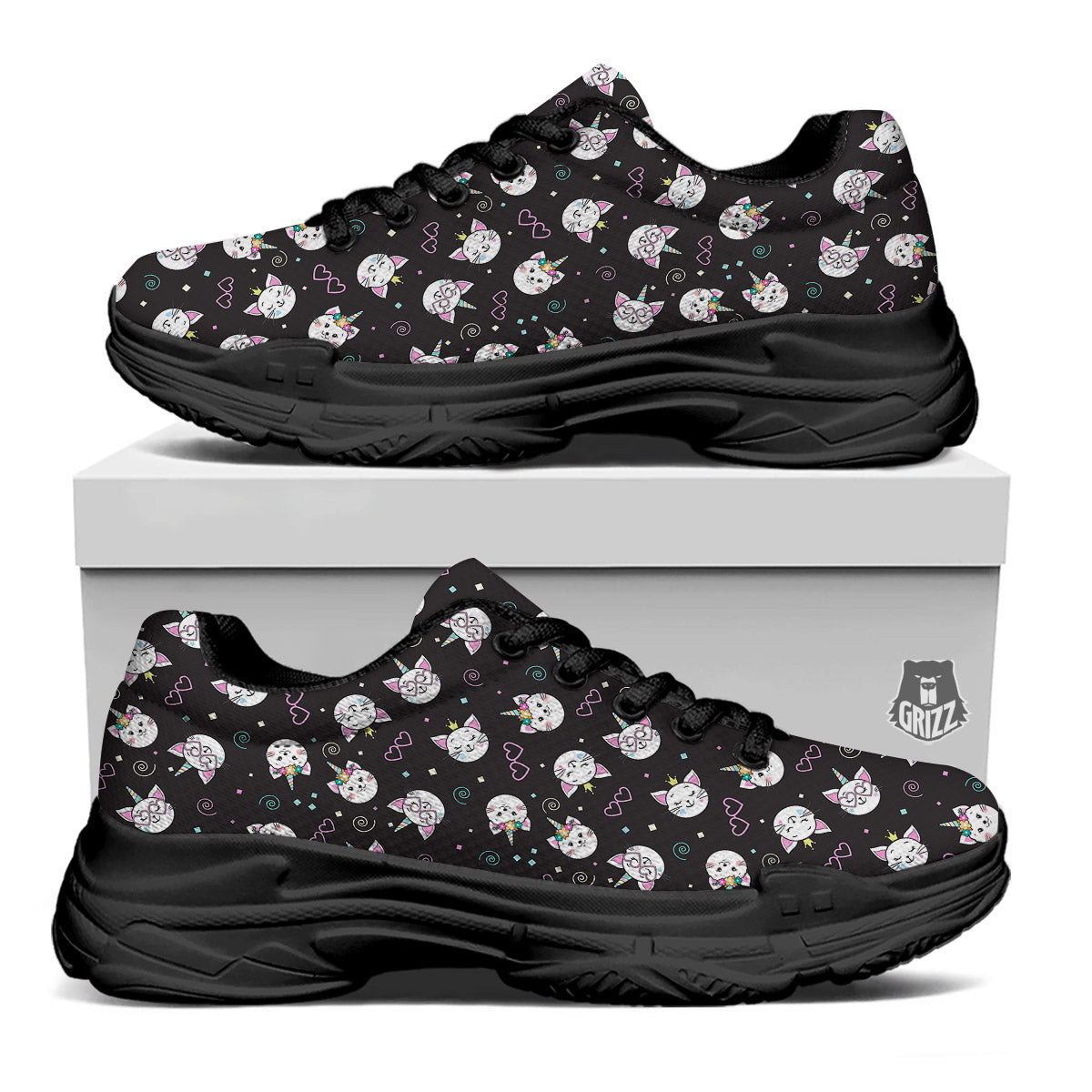 Cat Cute Black Print Pattern Black Chunky Shoes-grizzshop