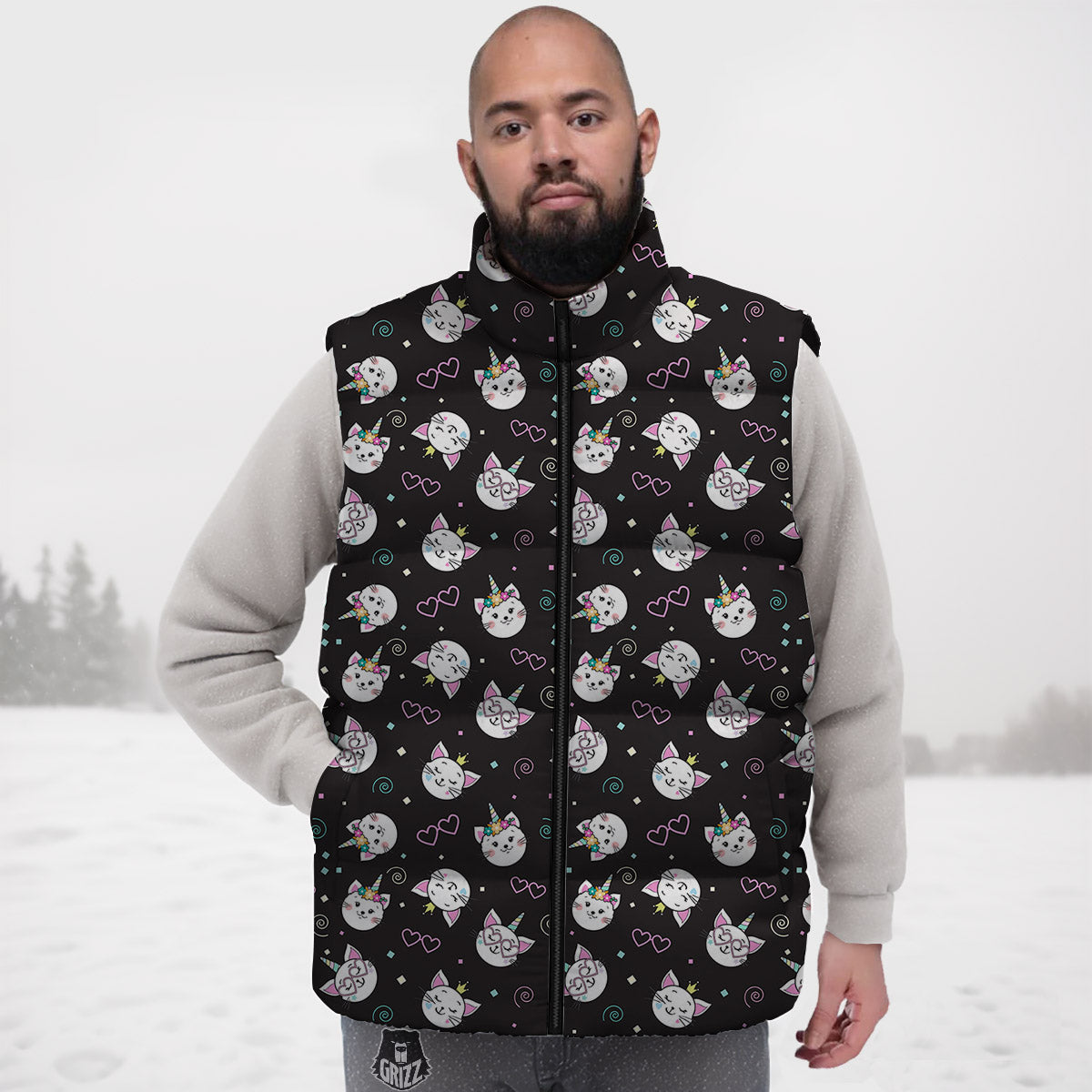 Cat Cute Black Print Pattern Down Vest-grizzshop
