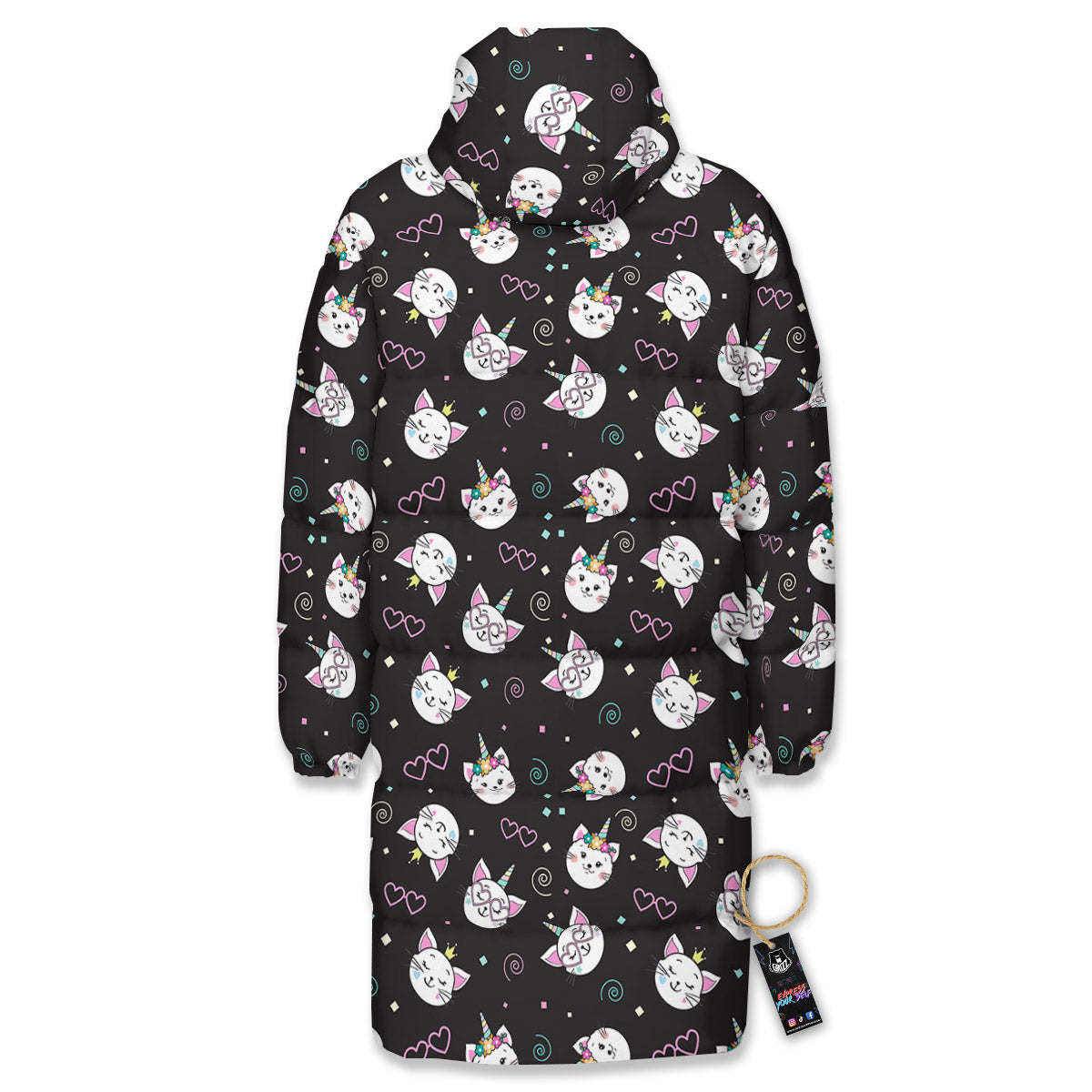 Cat Cute Black Print Pattern Long Down Jacket-grizzshop