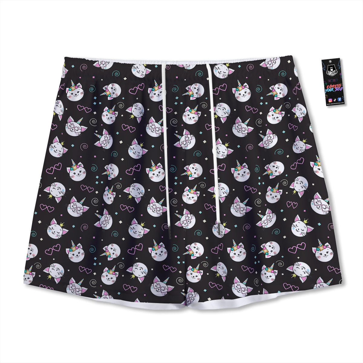Cat Cute Black Print Pattern Mesh Shorts-grizzshop