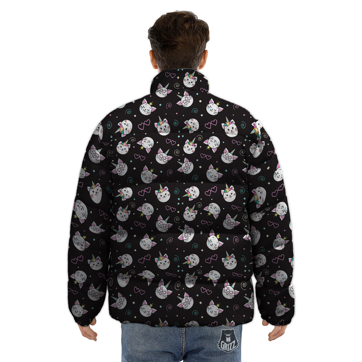 Cat Cute Black Print Pattern Puffer Jacket-grizzshop