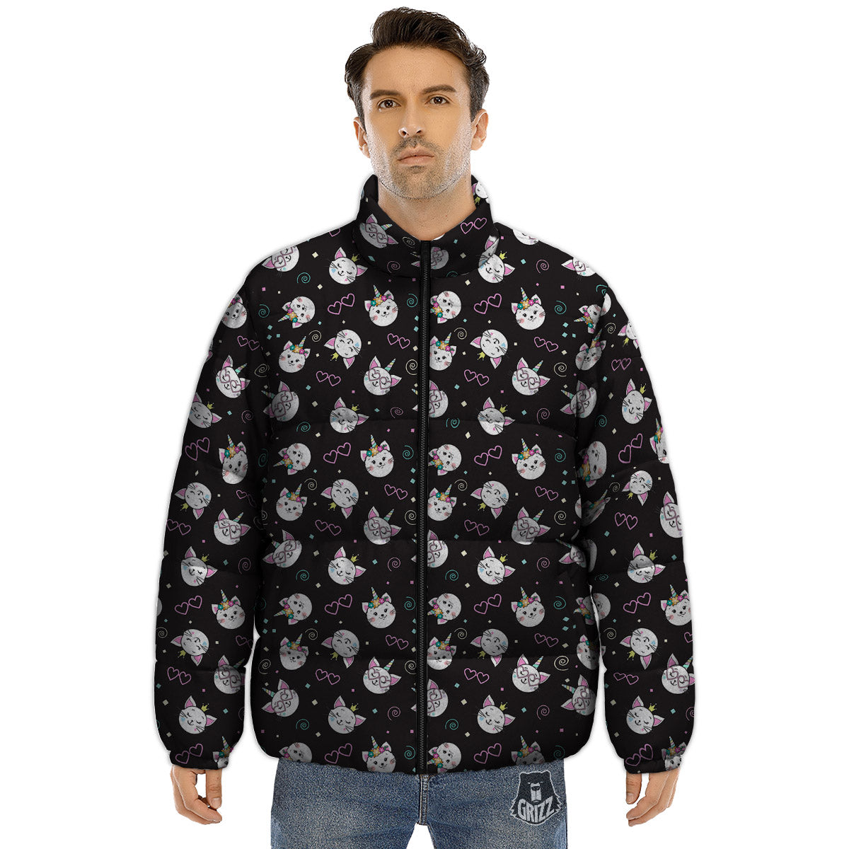 Cat Cute Black Print Pattern Puffer Jacket-grizzshop