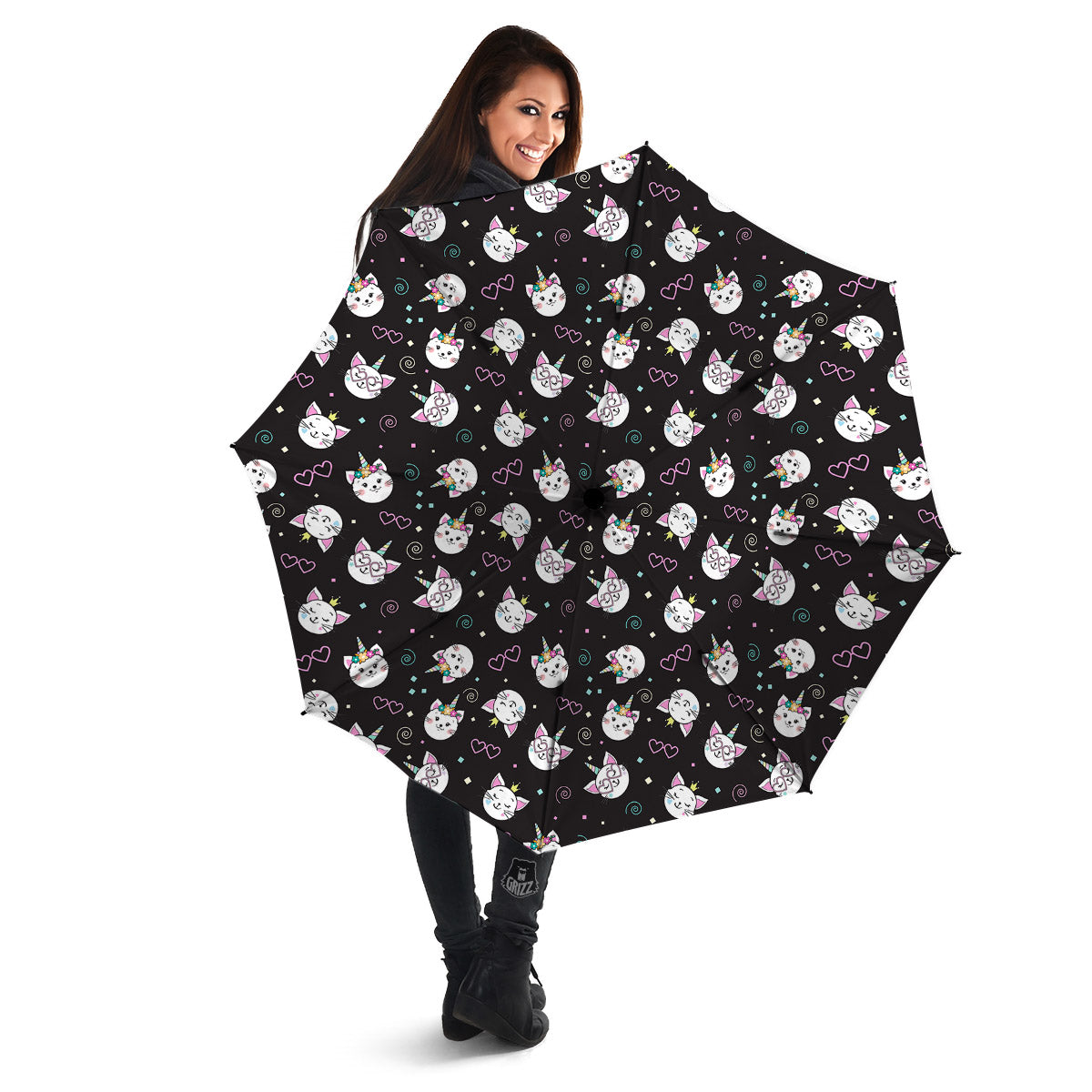 Cat Cute Black Print Pattern Umbrella-grizzshop