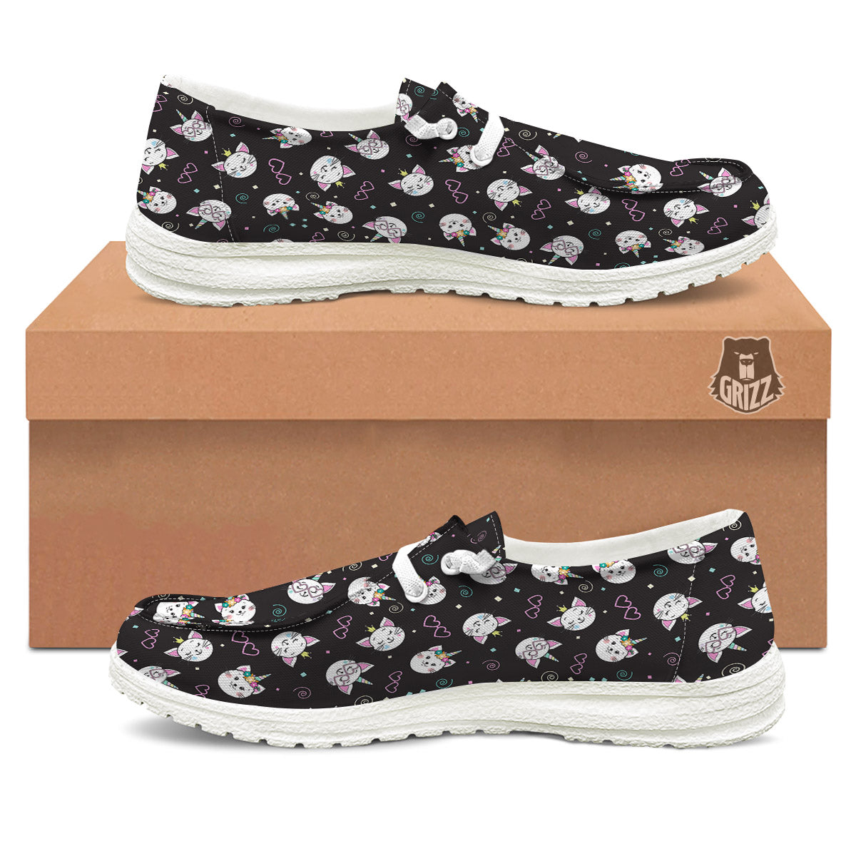 Cat Cute Black Print Pattern White Loafers-grizzshop