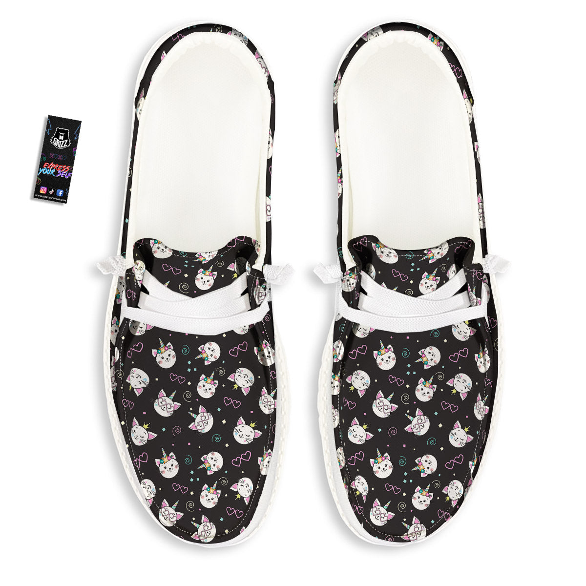 Cat Cute Black Print Pattern White Loafers-grizzshop