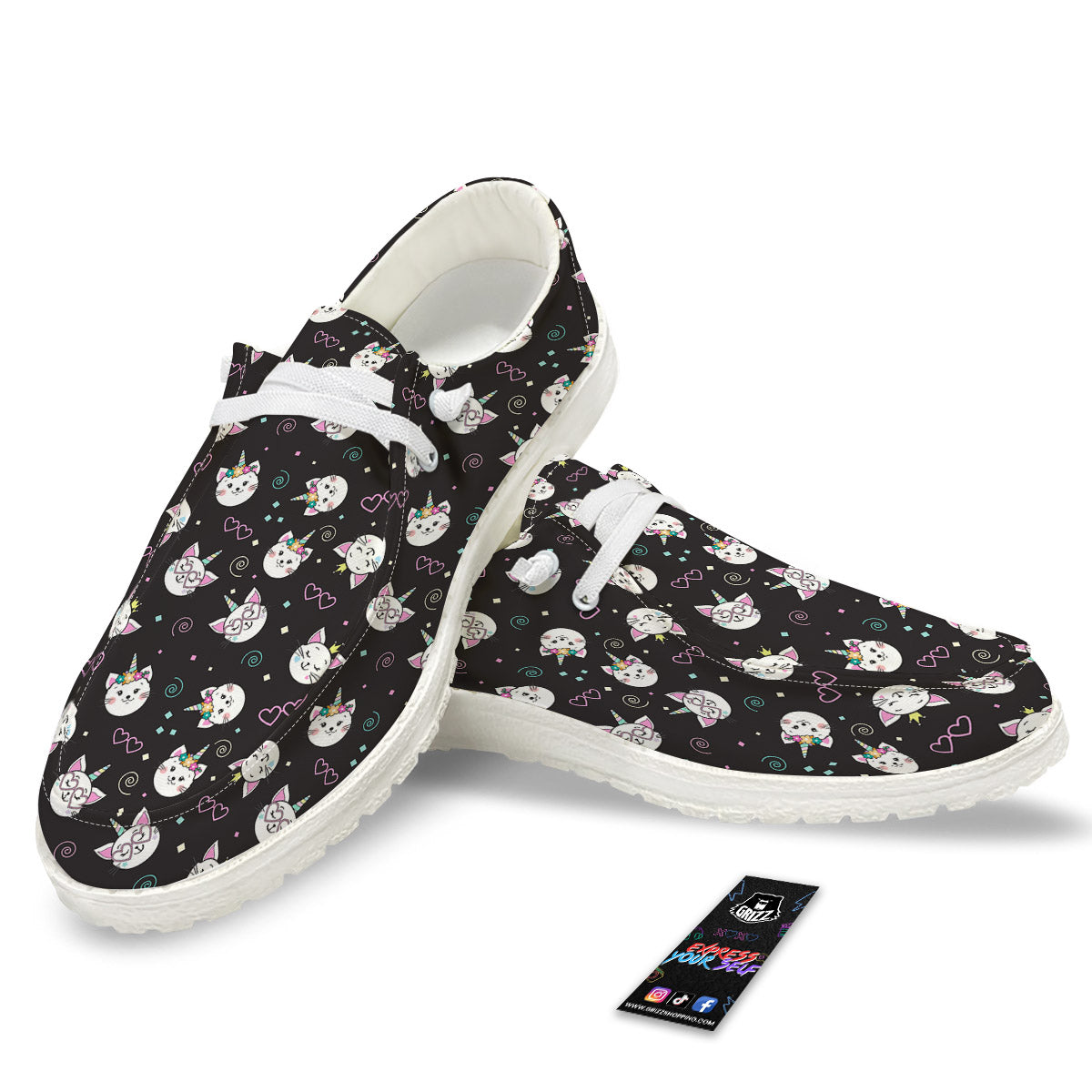 Cat Cute Black Print Pattern White Loafers-grizzshop