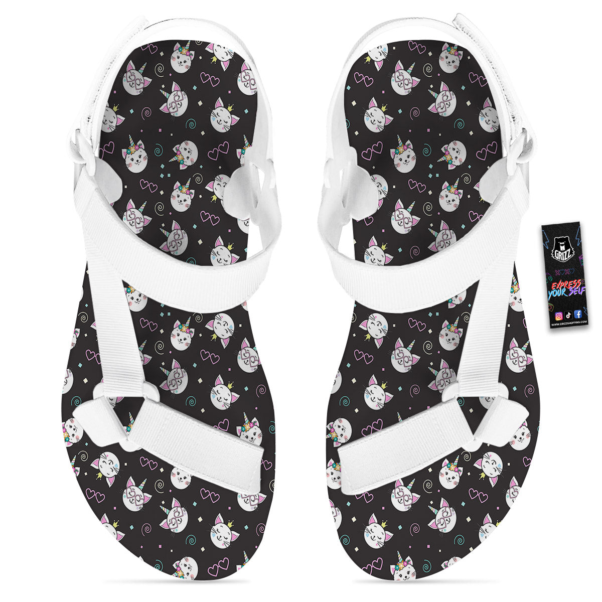 Cat Cute Black Print Pattern White Open Toe Sandals-grizzshop