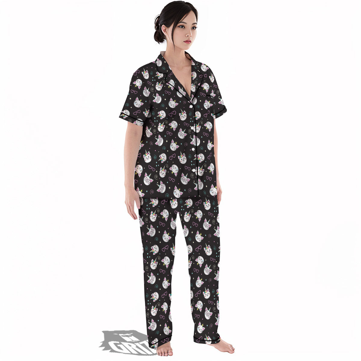 Cat Cute Black Print Pattern Women's Pajamas Set-grizzshop