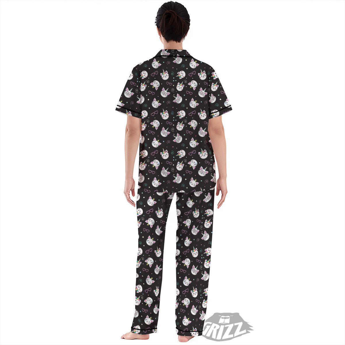 Cat Cute Black Print Pattern Women's Pajamas Set-grizzshop
