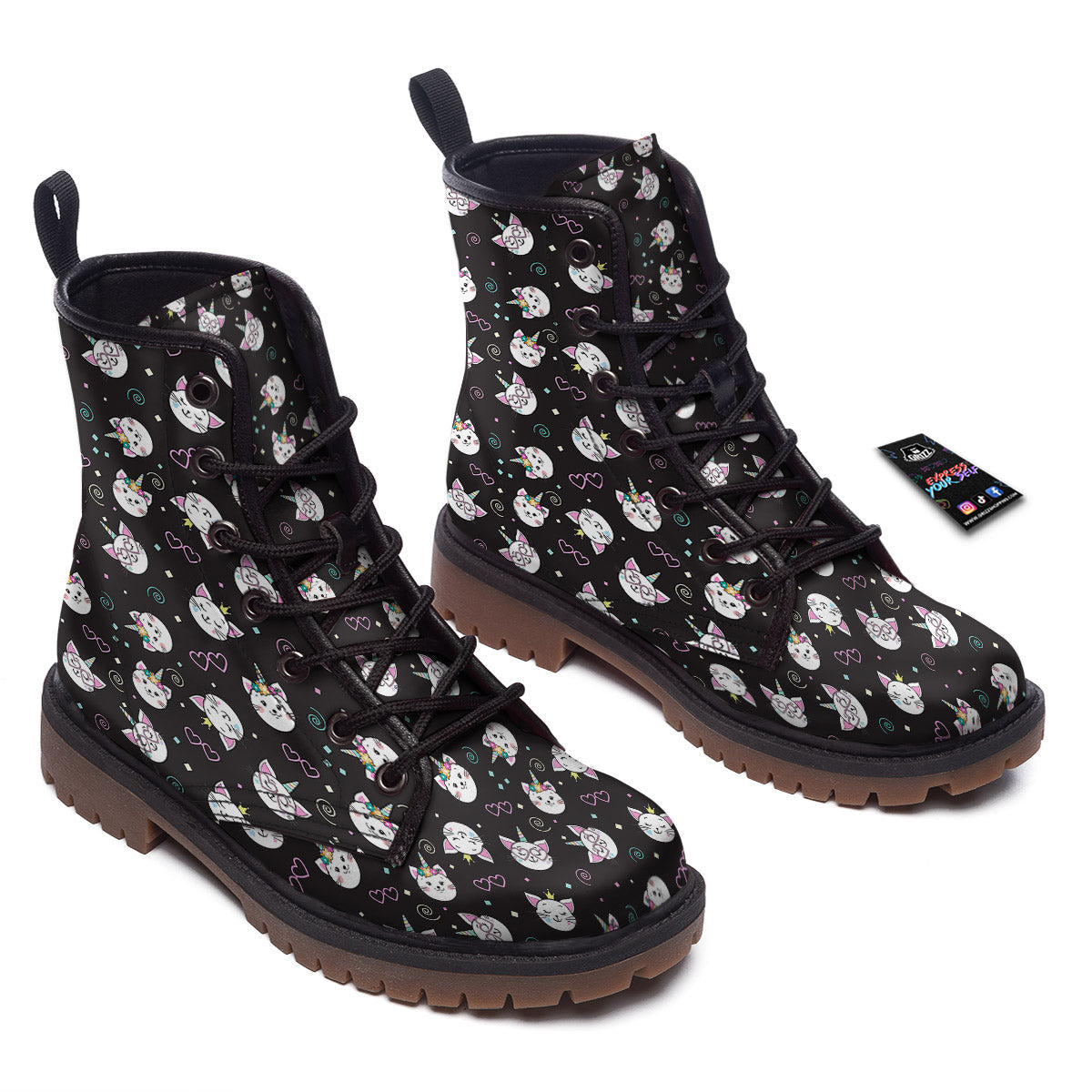 Cat Cute Black Print Pattern Work Boots-grizzshop