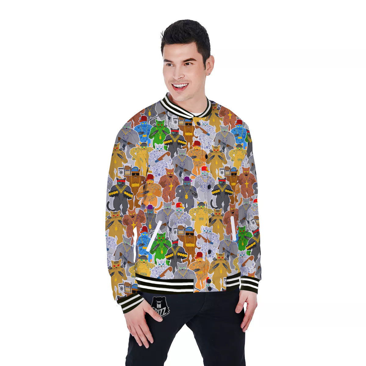 Cat Gangsta Colorful Print Pattern Baseball Jacket-grizzshop