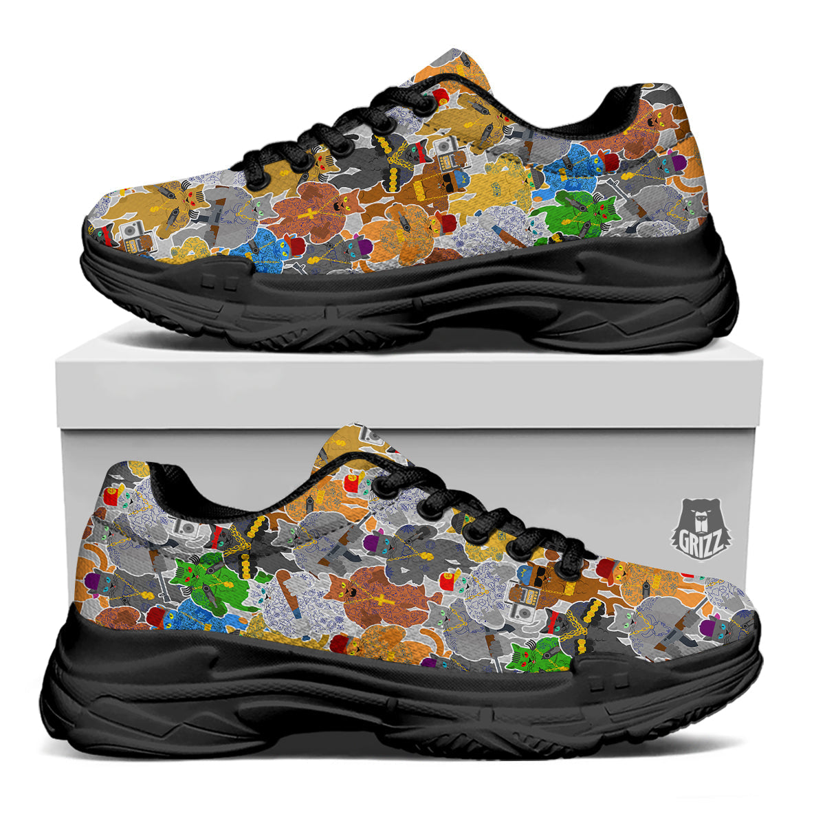 Cat Gangsta Colorful Print Pattern Black Chunky Shoes-grizzshop