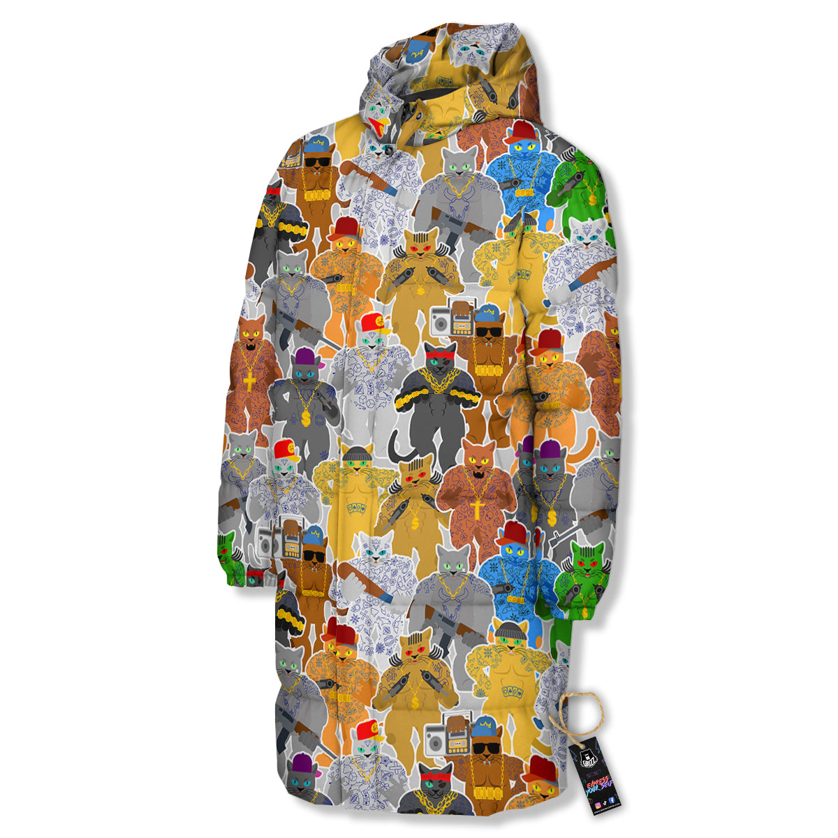 Cat Gangsta Colorful Print Pattern Long Down Jacket-grizzshop