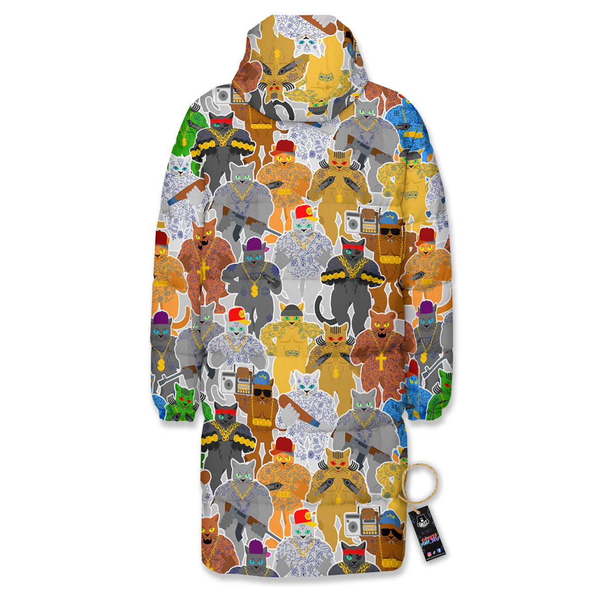 Cat Gangsta Colorful Print Pattern Long Down Jacket-grizzshop
