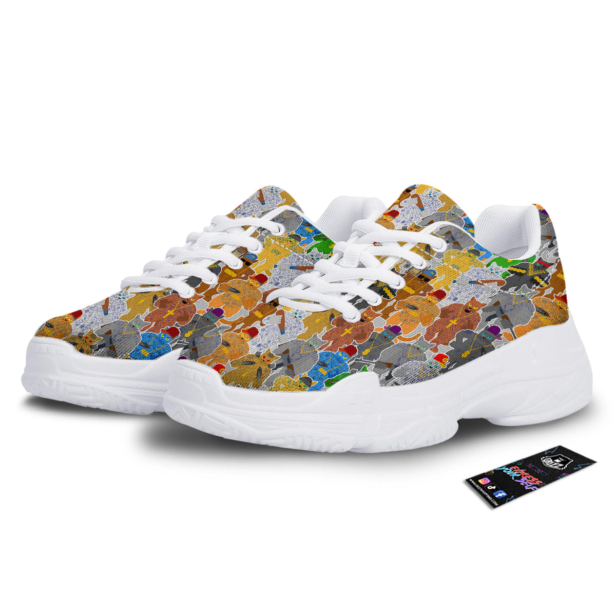 Cat Gangsta Colorful Print Pattern White Chunky Shoes-grizzshop